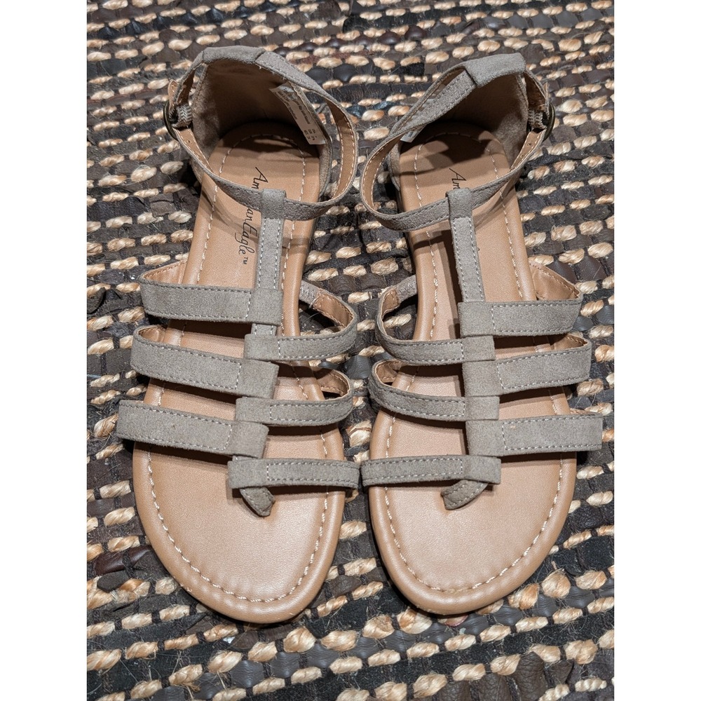 American Eagle Womens Gladiator Sandals Taupe Grey Multi Strap Flat Shoes Size 7